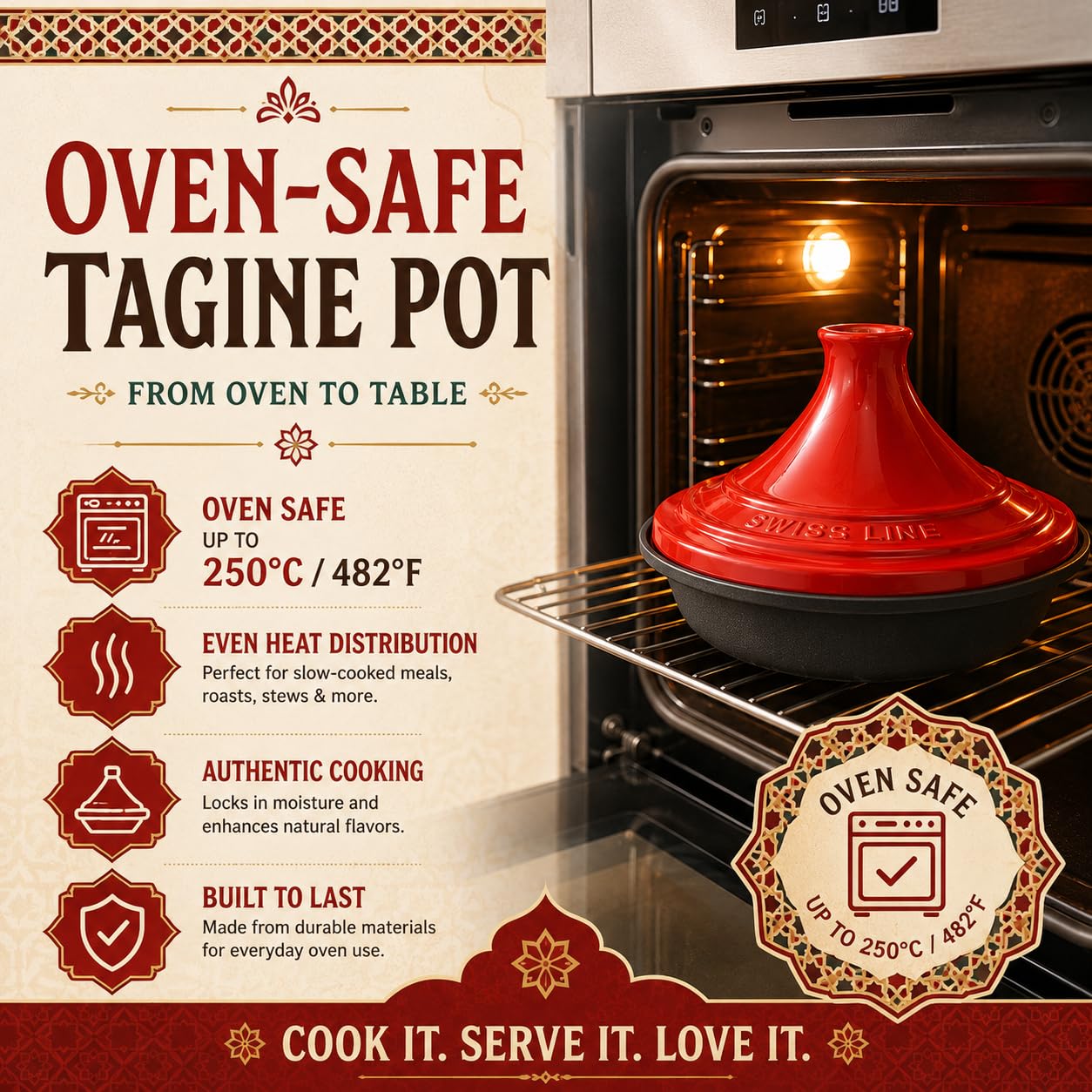 Swiss Line Tajine Topf 30 cm Gusseisen mit Keramikdeckel – Marokkanischer Schmortopf für 2–5 Personen, Induktion, Backofen & Grill