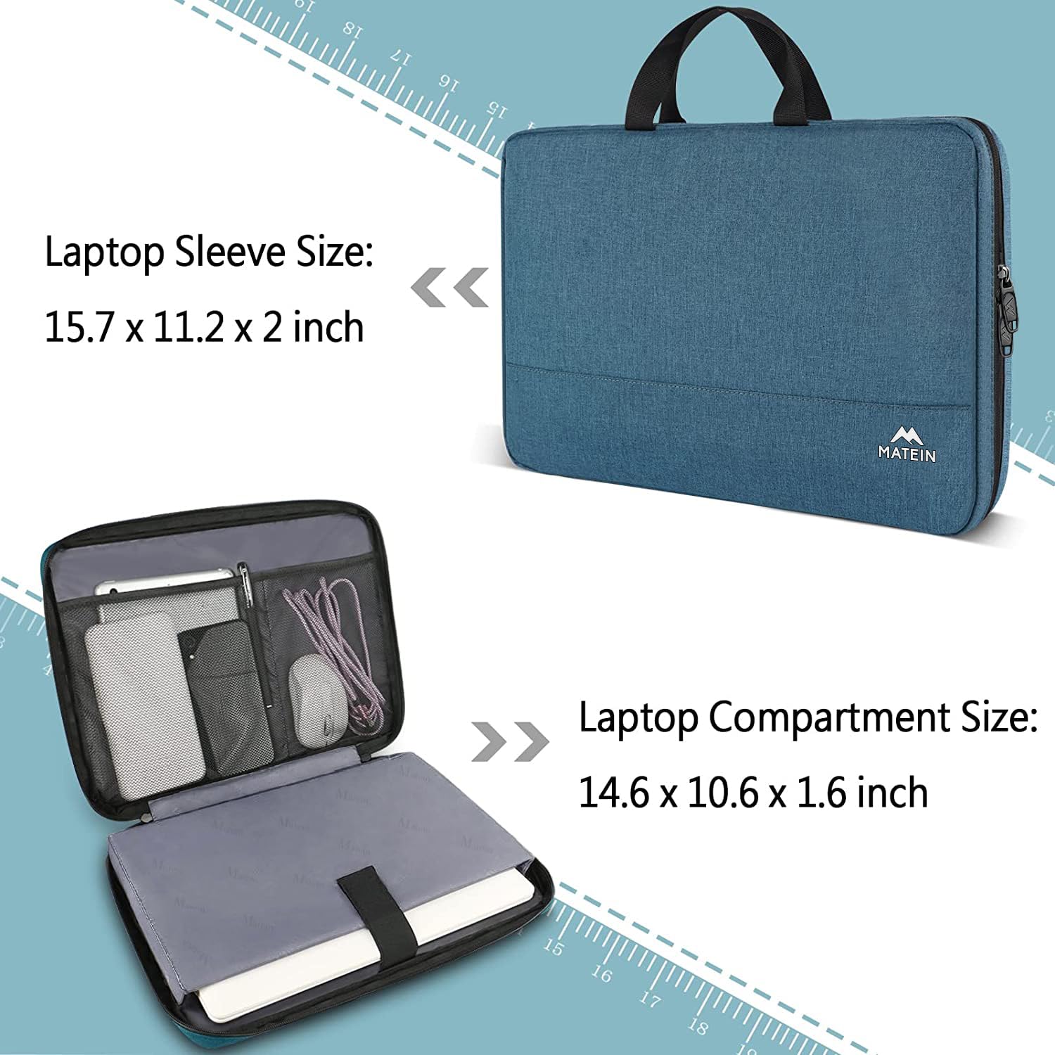 MATEIN Etui na laptopa, wodoszczelna torba na laptopa, etui ochronne z uchwytem, etui na laptopa, 15,6 cala, Głęboki turkus