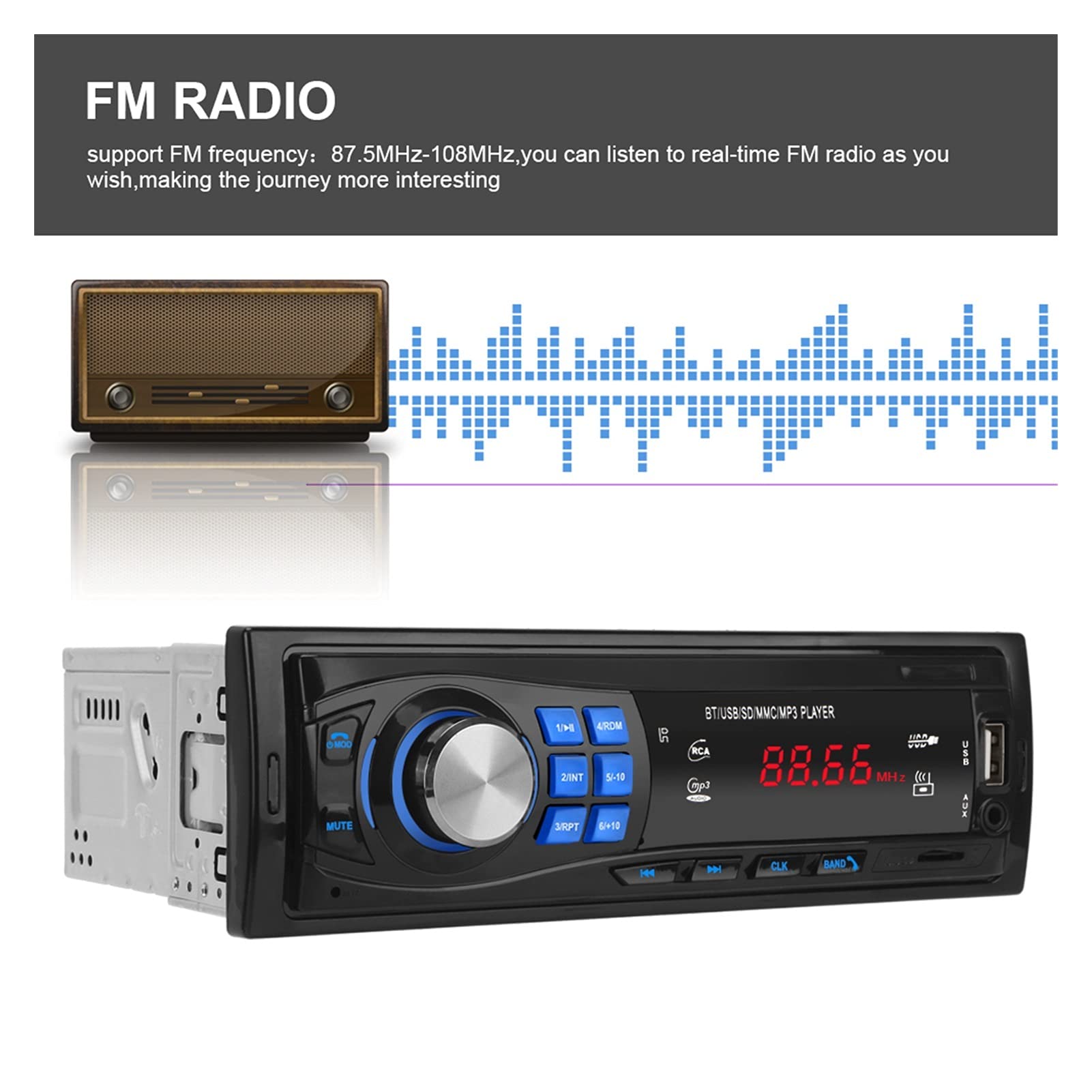 Adattatore Audio Bluetooth. 1. DIIN Autoradio Bluetooth FM. Stero Radio. USB SD AUX. Audio Player Auto Electronics in-Dash Autoradio 12pin Auto Radio Player (Color : Without Camera)