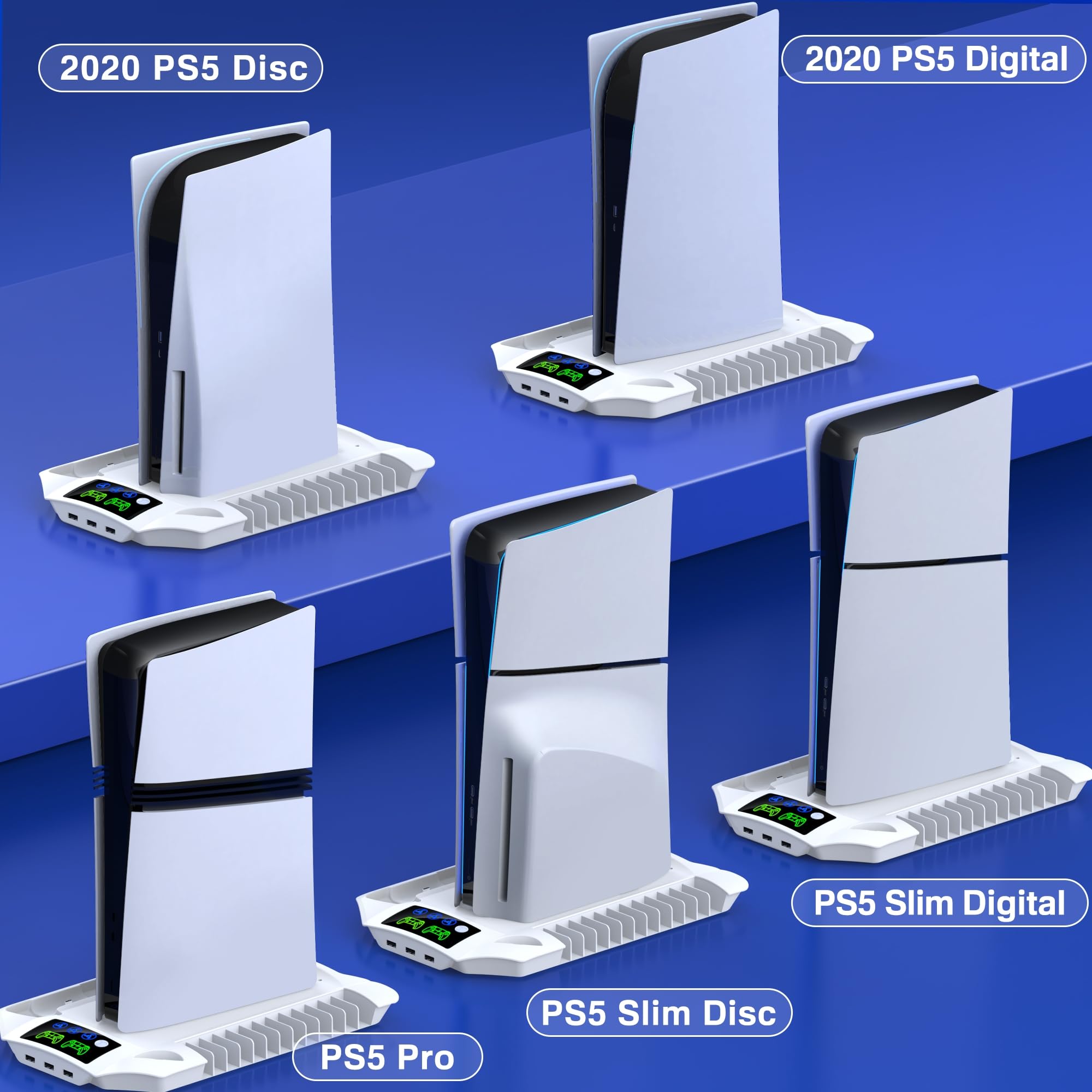 Soporte PS5 Pro/Slim/PS5 y estación de refrigeración con controlador estación de carga para consola digital Playsation de 5 discos, accesorios PS5 con ventilador de refrigeración de 3 niveles, 13
