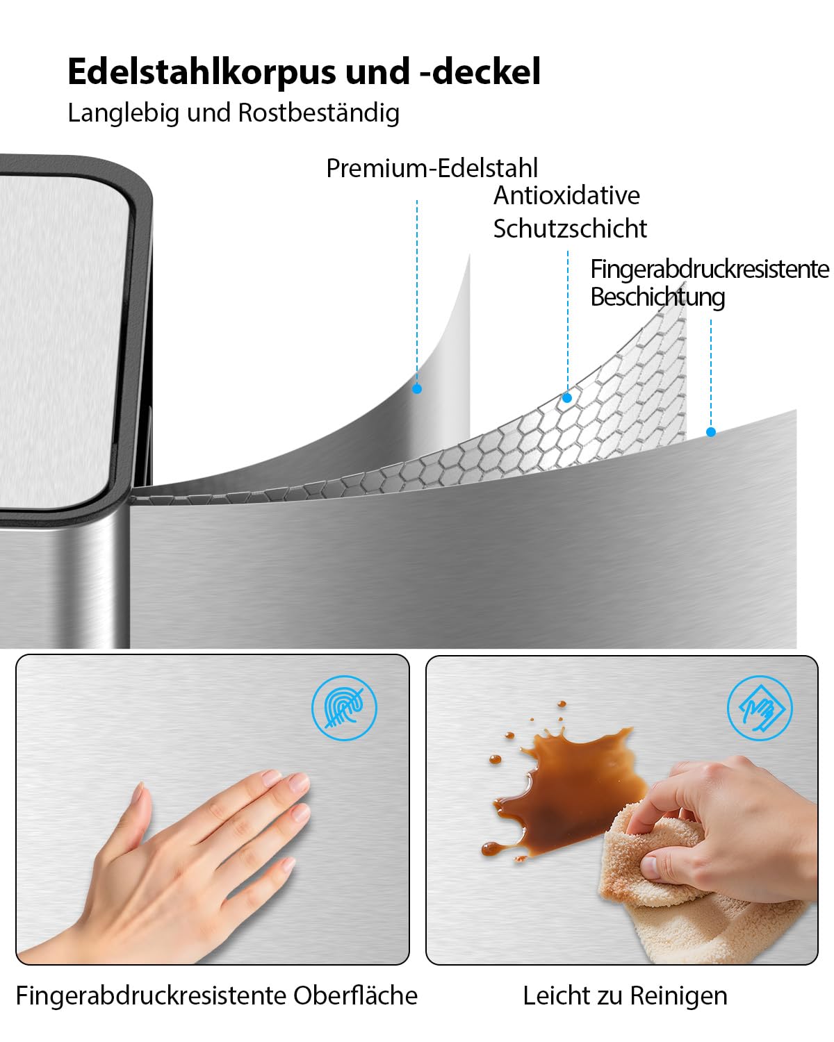 lovewind Mülleimer, 3 x 17 l Recyclingeimer, 3-Fach-Mülleimer für Recycling und Abfall, inklusive magnetisches Etikett, Soft-Close-Deckel, Pedale, Inneneimer, Stahl, Silber