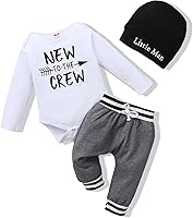 Renotemy Newborn Baby Boy 'New to The Crew' Fall Winter Outfit Set - Romper, Pants & Hat, Soft Cotton Blend 0-18 Months