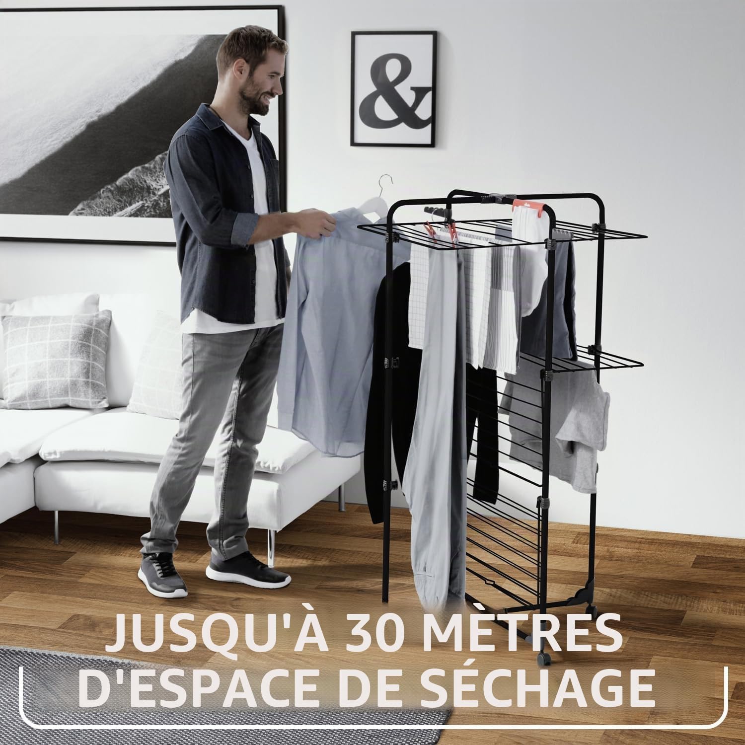 Vileda Séchoir Mixer3 Ultimate de Black Edition | Longueur de séchage de 30 mètres | Flexible | Facile à déplacer et à Transporter | roulettes pivotantes | Porte Chaussettes