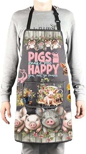 Miniatura 4 de MBMSO Divertidos regalos de cerdo, delantal de barbacoa para amantes de los cerdos, regalos de cerdos Make Me Happy Pig Delantal con bolsillos BBQ