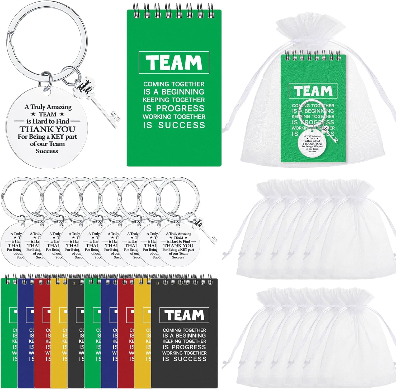 Roowest 75 Pcs Employee Appreciation Thank You Gifts Bulk Motivational Notebooks Team Inspirational Keychains with Organza Bags Team Building Gift for Nurse Teacher Coworker