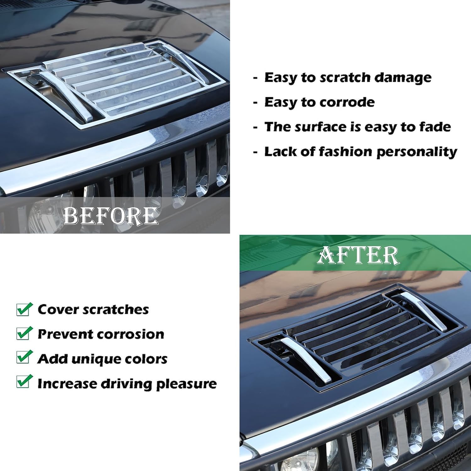 PIUGILH ABS Front Hood Deck Vent Panel Grille Hood Trim Cover Kit for Hummer H2 2003-2009 Accessories, Hood Top Handle Trim Cover Kit (Black)