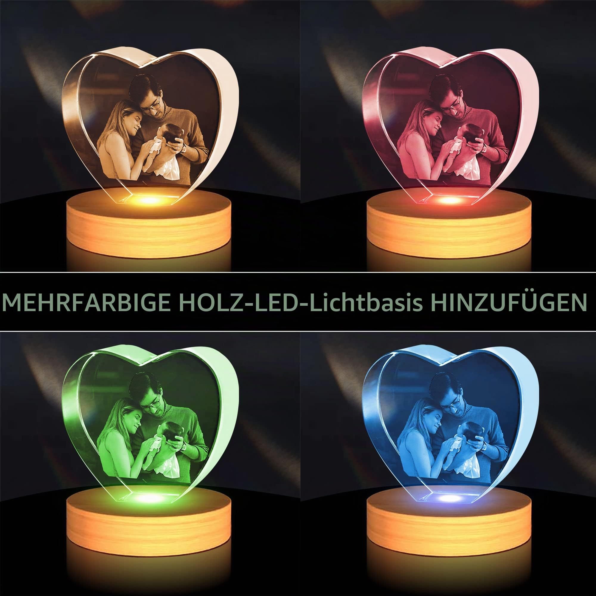Personalisierte 3D Foto Glas, 3D Glasfoto mit Leuchtsockel, 3D Kristall Foto Glasbilder Fotogeschenke mit Lasergravur, Personalisierte Geschenke für Frauen, Freundin, MäNner, Mama, Papa