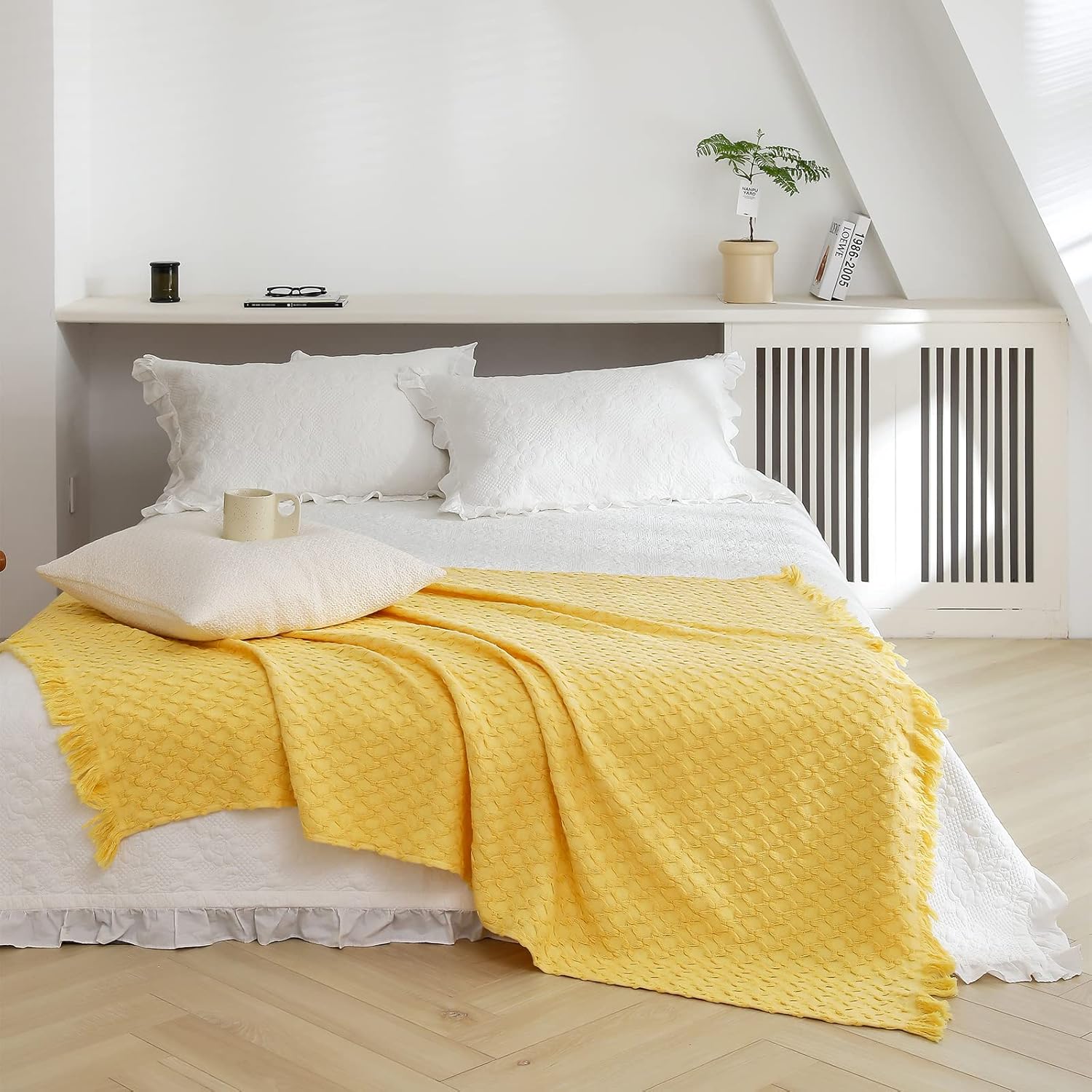 Simple&Opulence 100% Cotton Throw Blanket for Couch, Bed, Waffle Weave Knit Blanket with Tassels, Soft Lightweight Pre-Washed Breathable Comfy Blanket Farmhouse Decor for All-Season(Light Yellow) - Image 6