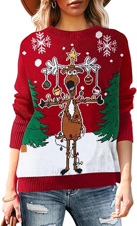 Pink Queen Womens 2025 Ugly Christmas Sweater Long Sleeve Knitted Pullove Xmas Jumpers Tops