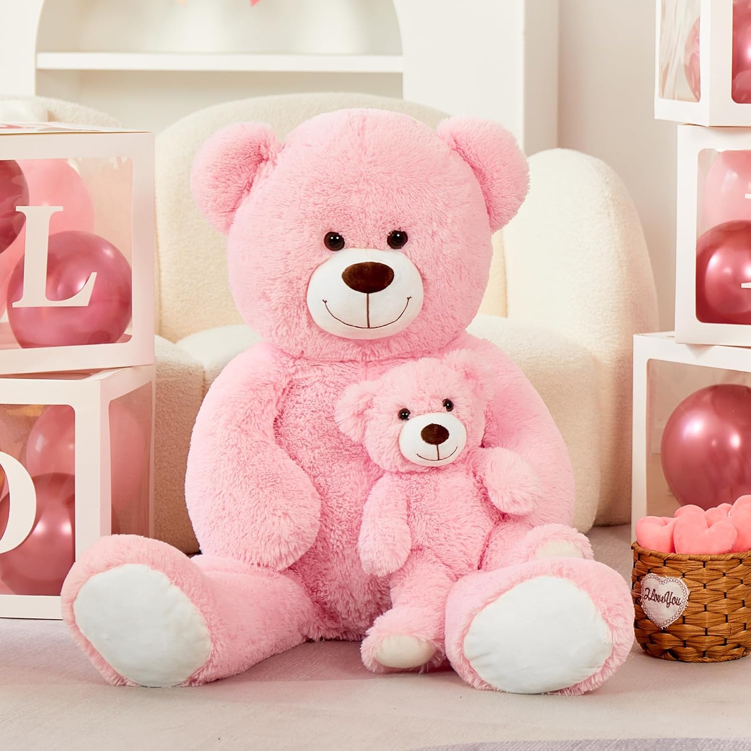 Tezituor Big Teddy Bear with Baby, 39 inch Large Mommy Teddy Bear with Baby, Giant Stuffed Bear for Kids, Girlfriend on Mother's Day, Valentine, Christmas, Baby Shower, Pink