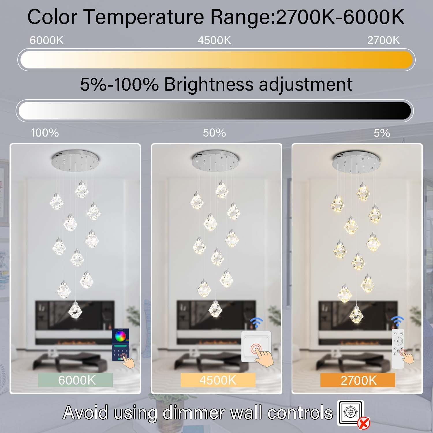 10-Light Modern Chandeliers for Foyer Crystal Chandelier for Living Room Chrome Pendant Light Staircase Chandeliers for High Ceilings Dimmable LED Hanging Light with Remote