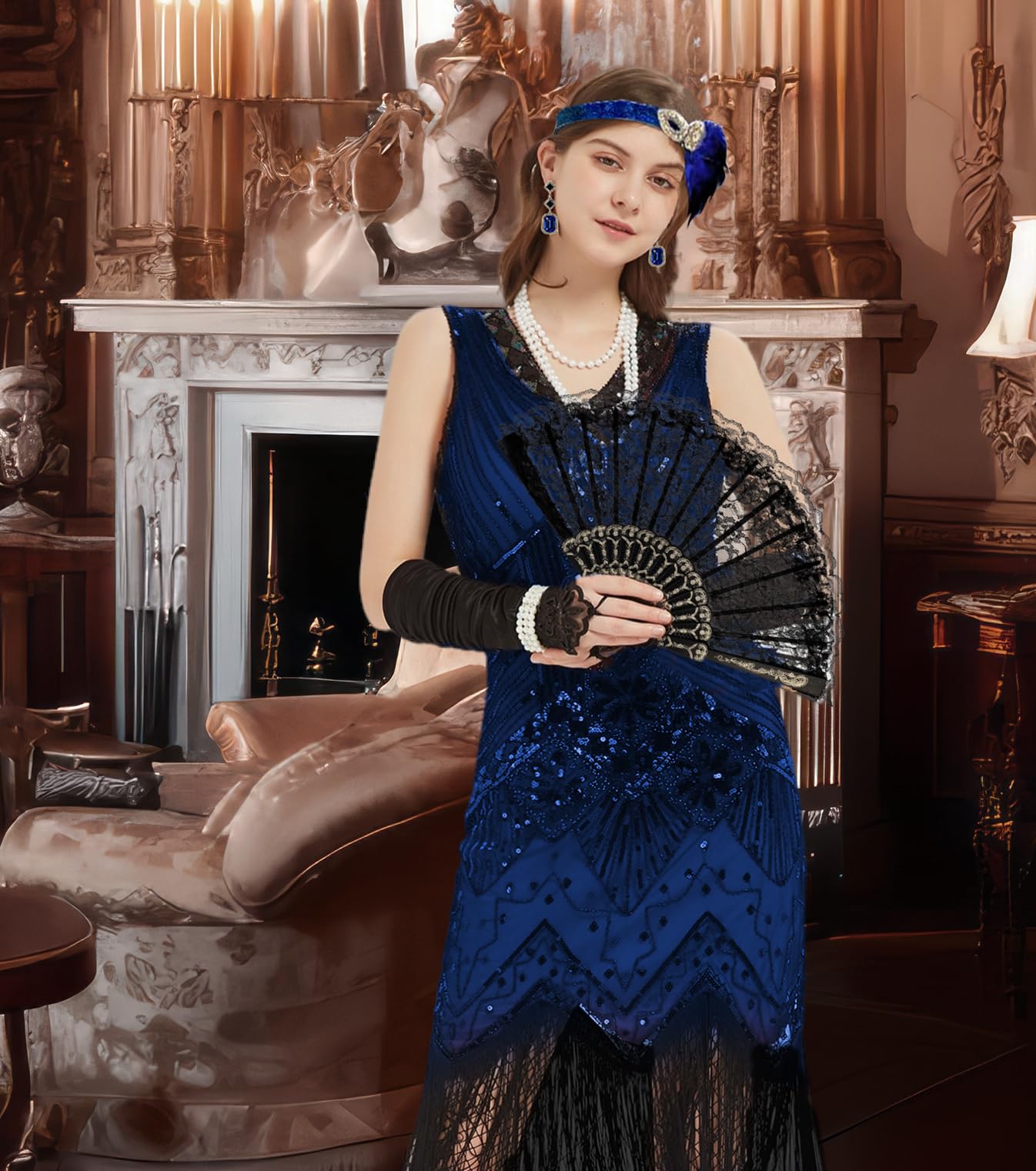 WILDPARTY 1920s Dresses for Women Flapper Dress Lace Fan Fether Headband Sequins Beads Fringes 20s Accessories Vintage Mafia Costume BlackBlue M - Image 2
