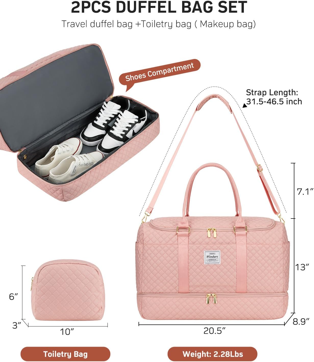 Travel Duffle Bag, Weekender Bags for Women with Shoe Compartment, Overnight Bag with Toiletry Bag, Carry On Duffel Bags For Airplanes, Yoga Gym Duffel Bag, Pink - Image 3