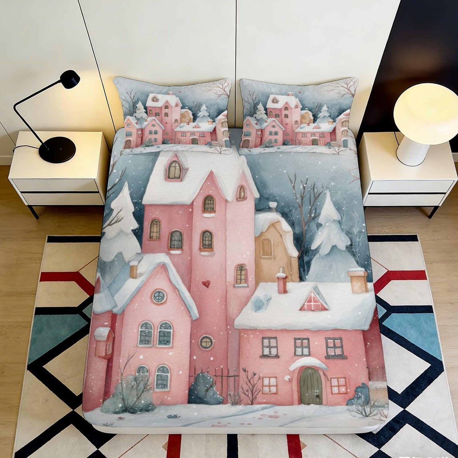 3D Printed Winter Village Fitted Sheet Microfiber Soft Breathable Snowy House Bed Cover for Bedroom Dormitory Guest Room Mattress Protection Decor 120x200x25cm