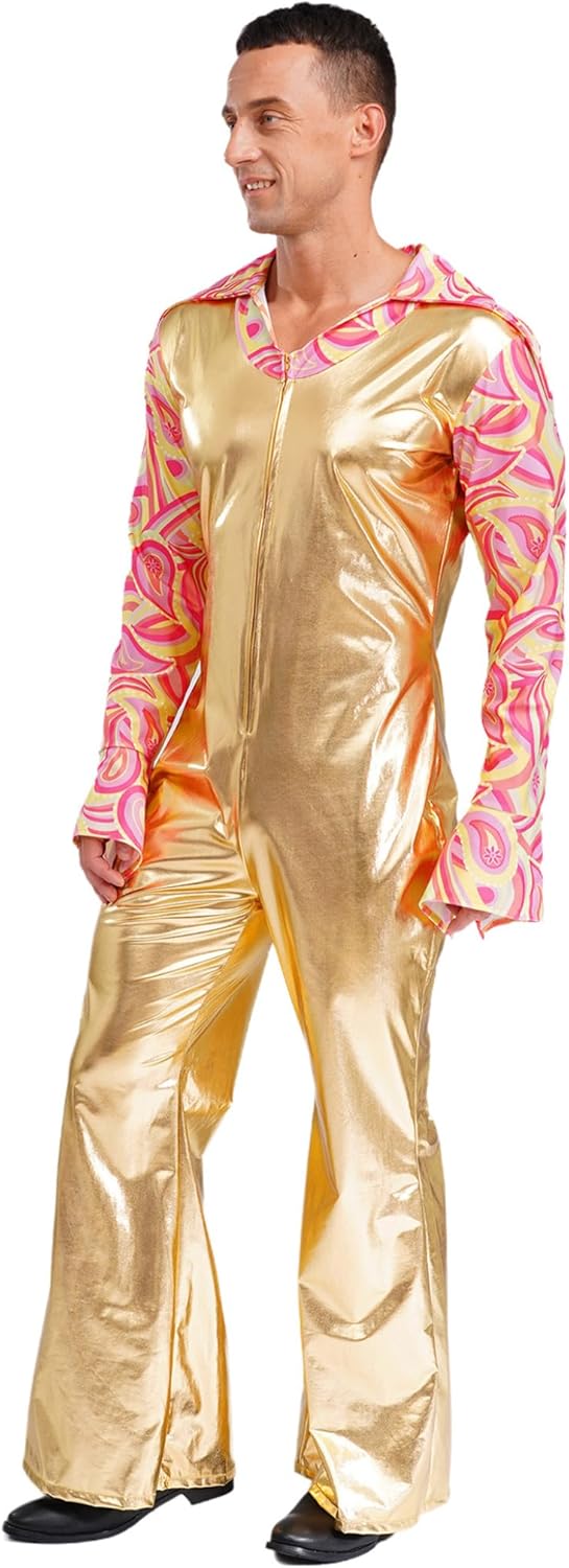 XUNZOO Men's Dance Costume 70s Disco Lapel V Neck Flare Sleeve with Bottom Pants Hippie Rompers