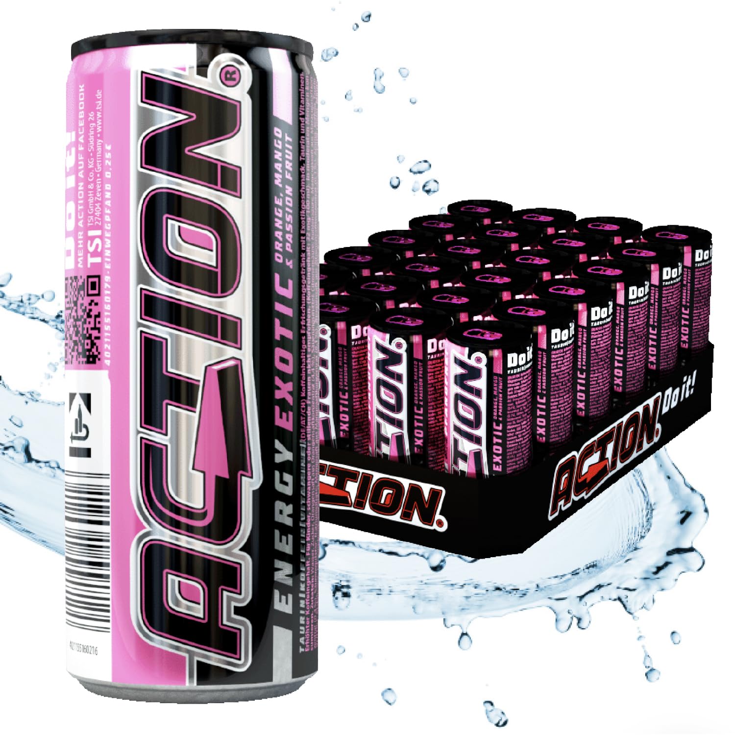 Action Energy Drink Exotic (48 x 250 ml) incluye depósito – Refresco con naranja, mango y sabor a fruta de la pasión – patata energética con mayor contenido de cafeína 32 mg/100 ml de cafeína enfoque