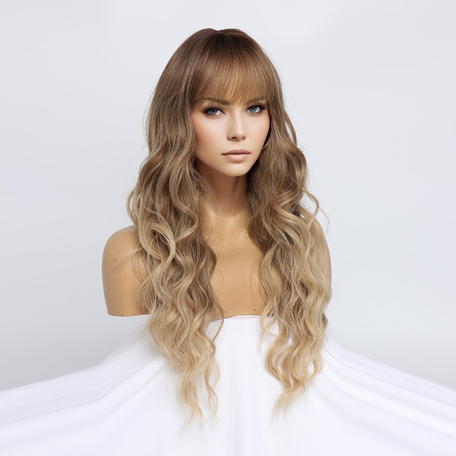 SIMKAYLEE Long Ombre Blonde Wavy Wig with Bangs for Women Ladies Water Wave Natural Looking Synthetic Blond Hair Wigs with Fringe Curly Female for Daily Carnival New Years Cosplay Party Wear (26 inch) - Image 3