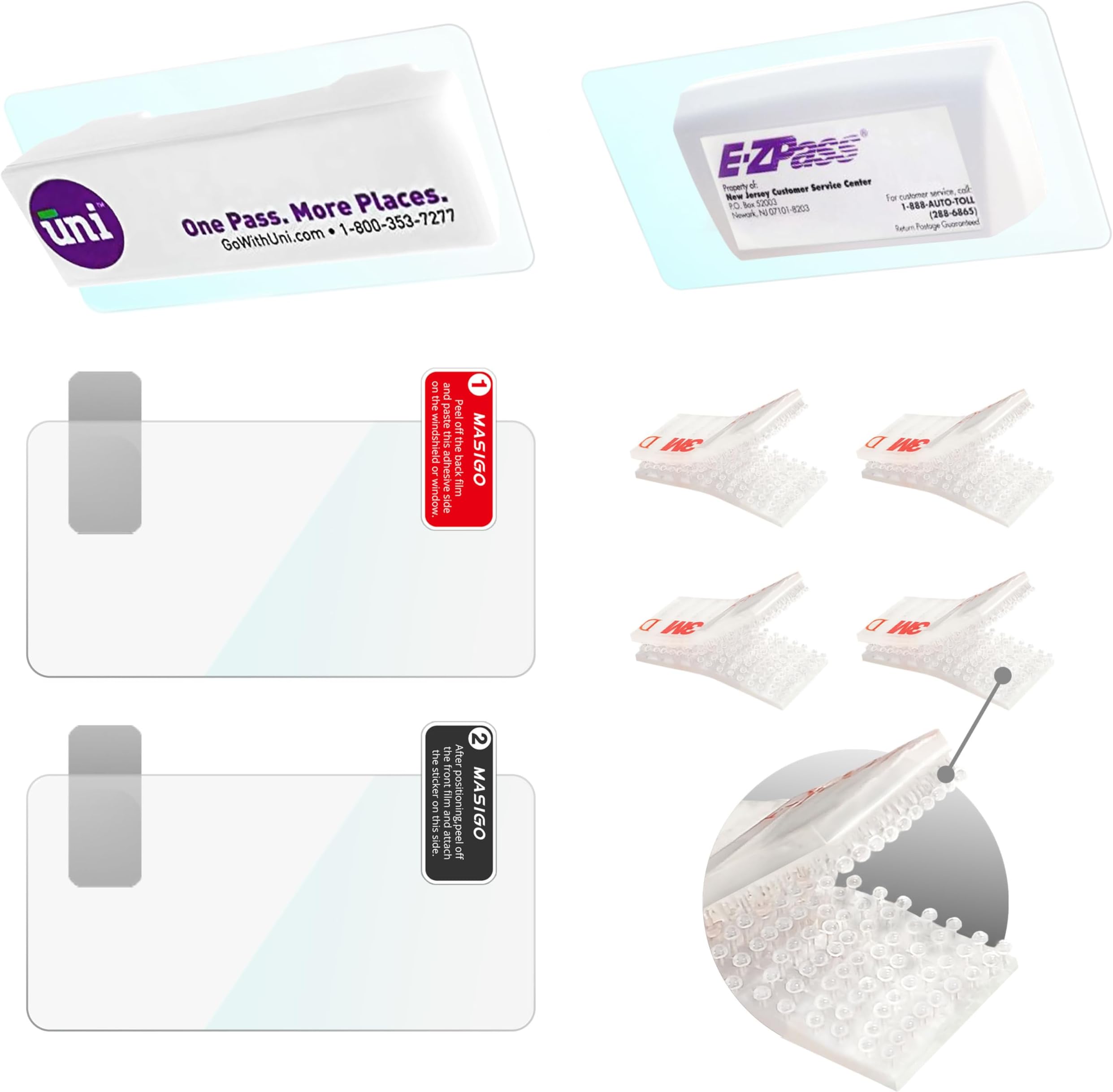 Universal Toll Pass Holder for EZ Pass, Uni Pass, SunPass - 8 Dual Lock Strips (4 Sets) & 2 Windshield Electrostatic Films - Easy Install & Swap Transponder Mount for Cars (Transparent)