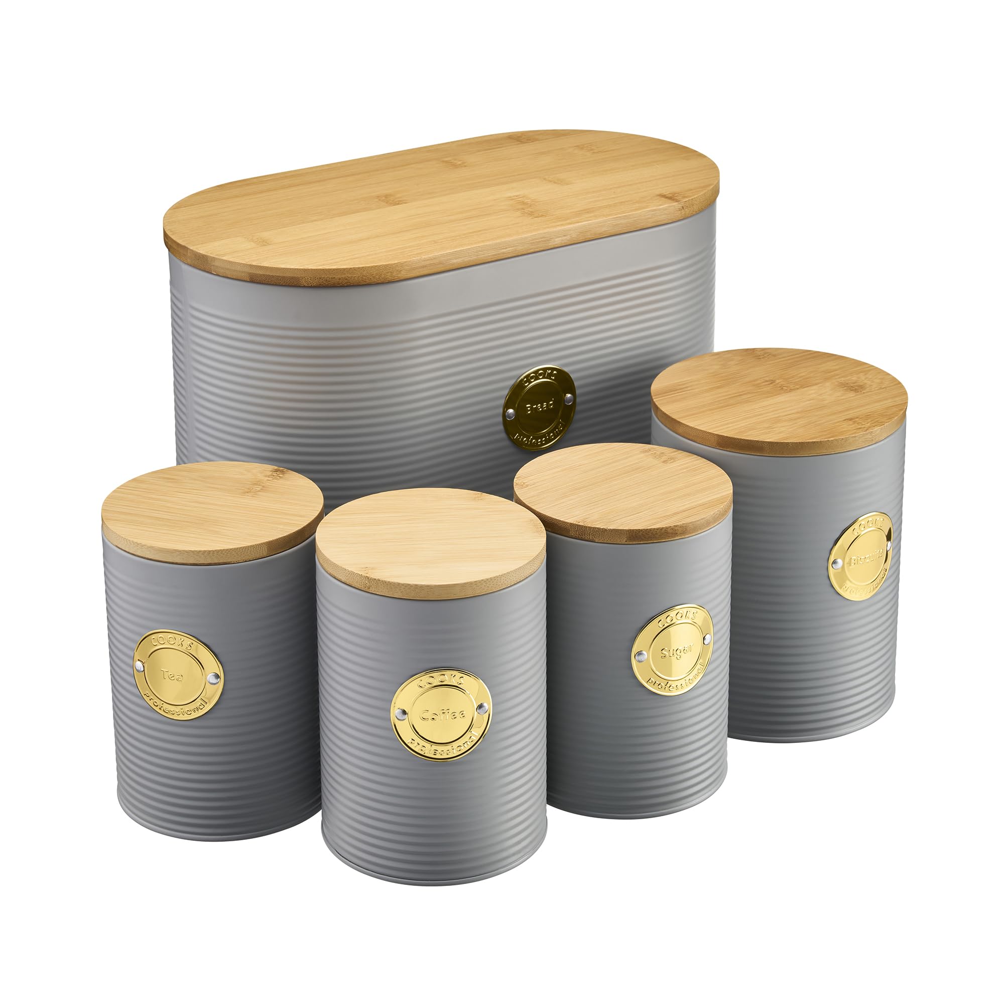 Cooks Professional 5Pc TeaCoffeeSugarBiscuit & Bread Ribbed Canister Kitchen Storage Set With Bamboo LidsGrey & Gold from B&Q