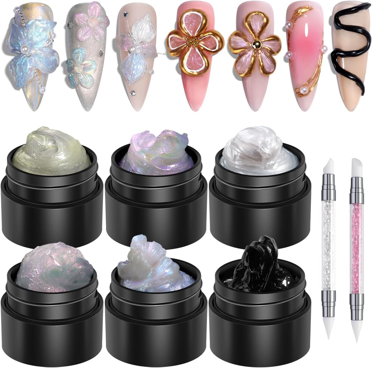 Solid Builder Gel Kit, 6 Colors Non Sticky Hand Solid Builder Gels for Nails Aurora Blue Pink Pearl White Hard Gel With Silicone Carving Pen 3D Sculpting Nail Art Starter Kit
