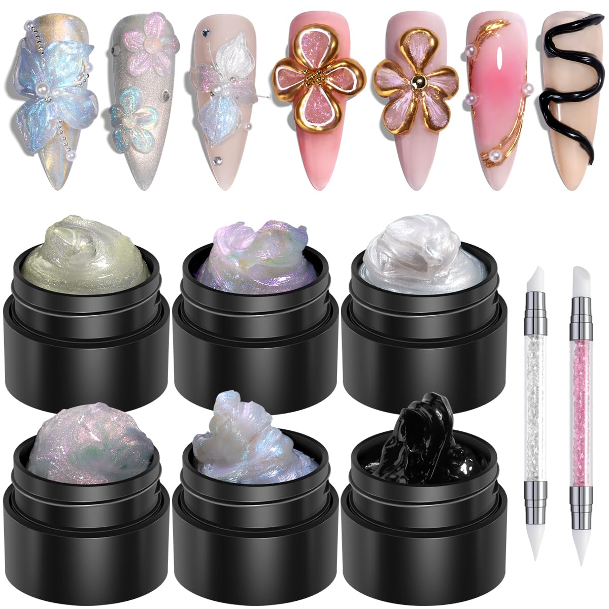 Solid Builder Gel Kit, 6 Colors Non Sticky Hand Solid Builder Gels for Nails Aurora Blue Pink Pearl White Hard Gel With Silicone Carving Pen 3D Sculpting Nail Art Starter Kit