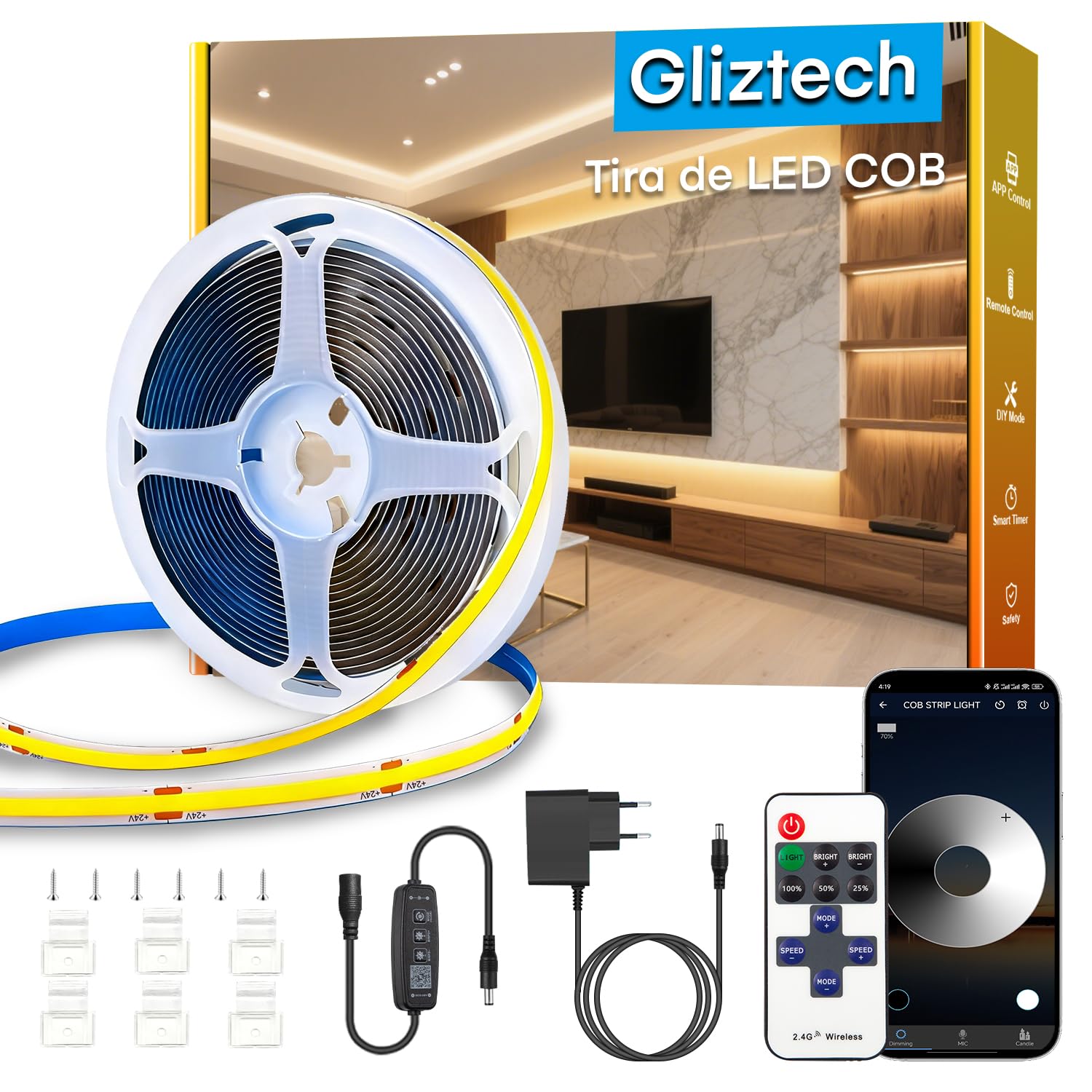Gliztech Tira LED COB, 2700K LED Cob Dimmer CRI90+, con APP y control remoto, Esta tira LED COB es ideal para iluminación interior en dormitorios, salones, cocinas y más (15m)