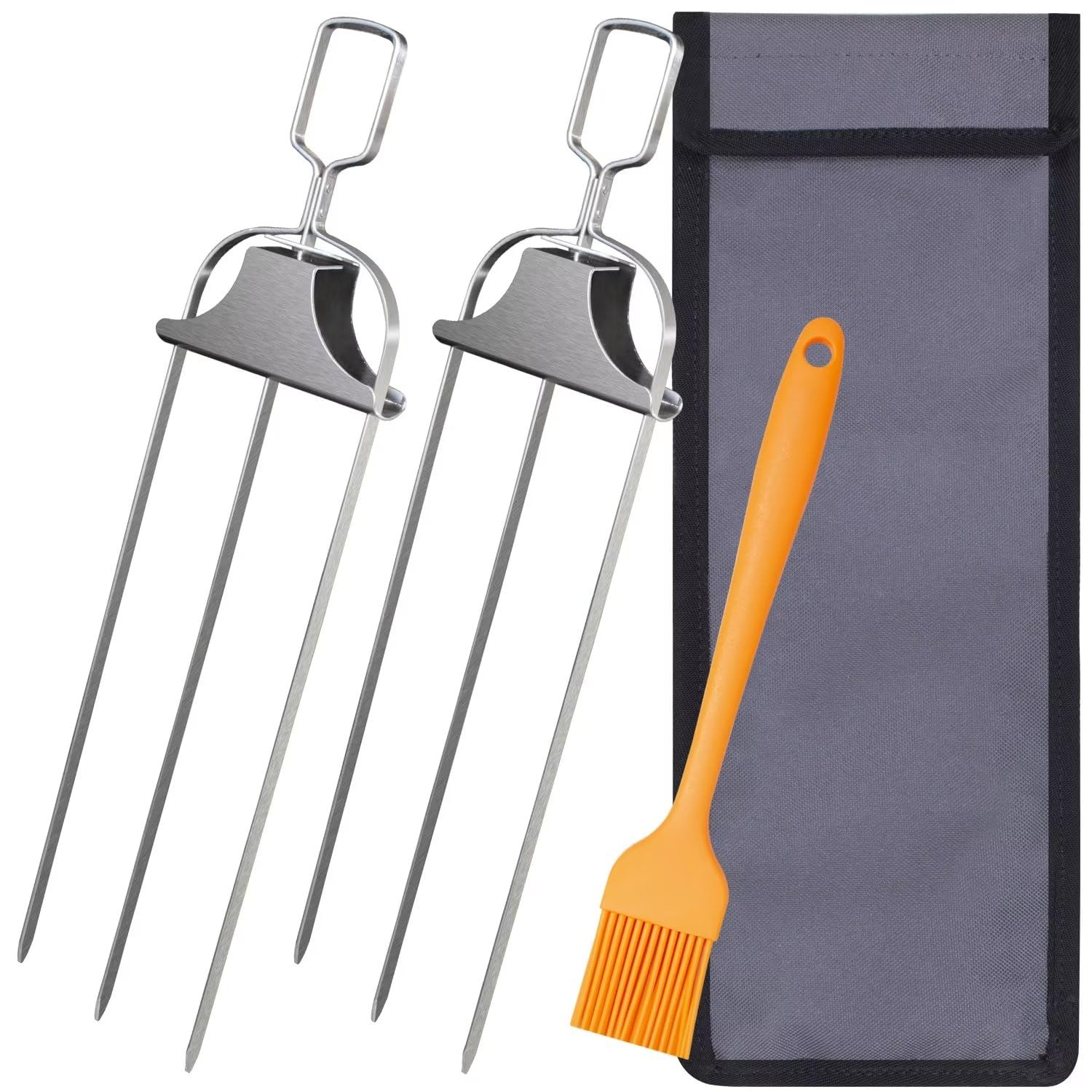 Pinchos de acero inoxidable de 3 puntas para barbacoa Pinchitos con barra deslizante, fácil extracción de alimentos, 2 pinchos, un cepillo para untar y bolsa de almacenamiento