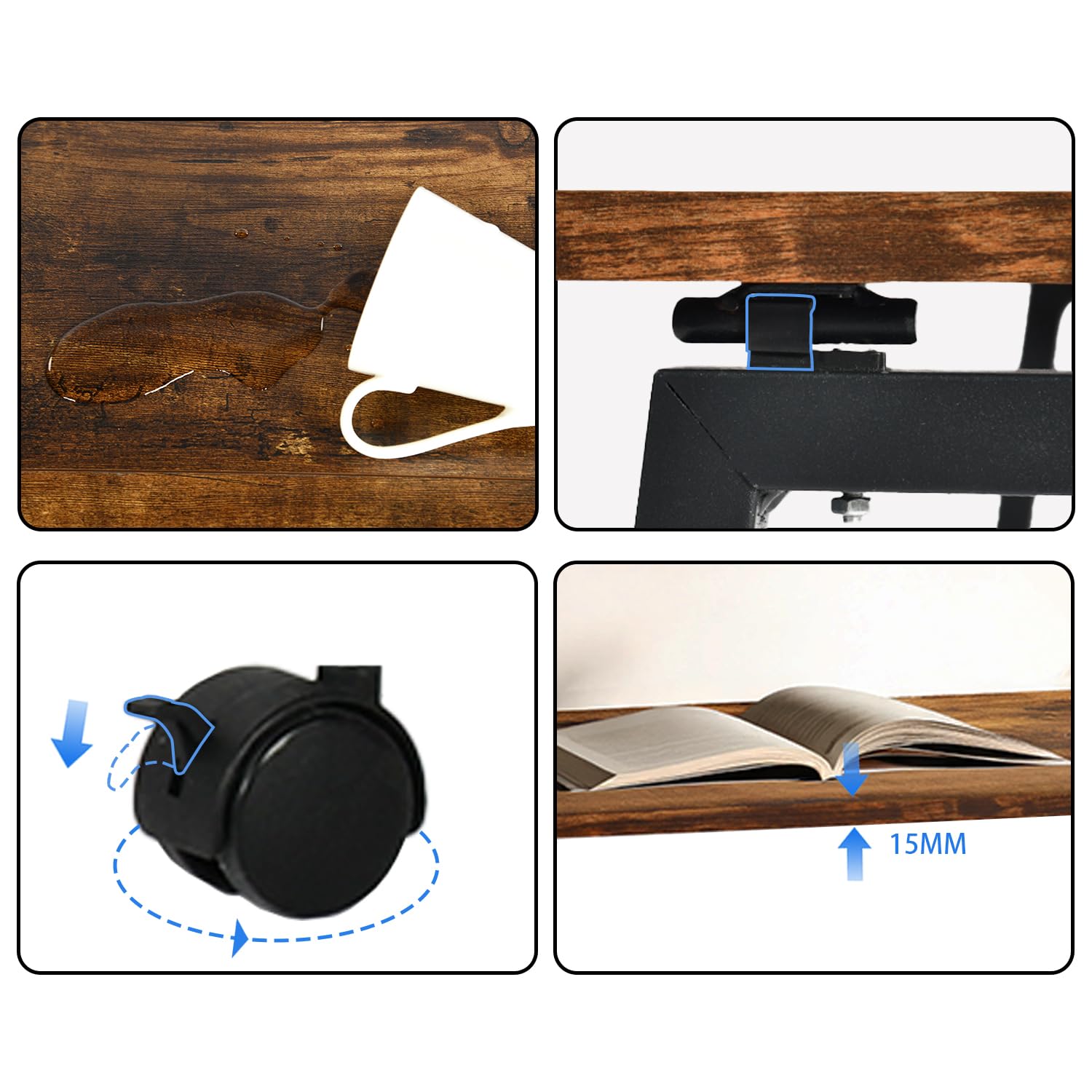 MEUBLE Cosy Escritorio Plegable con Ruedas Mesa de Ordenador para Ahorrar Espacio Oficina Hogar Estudio, Estructura de Acero, Industrial, Montaje Sencillo, Marrón