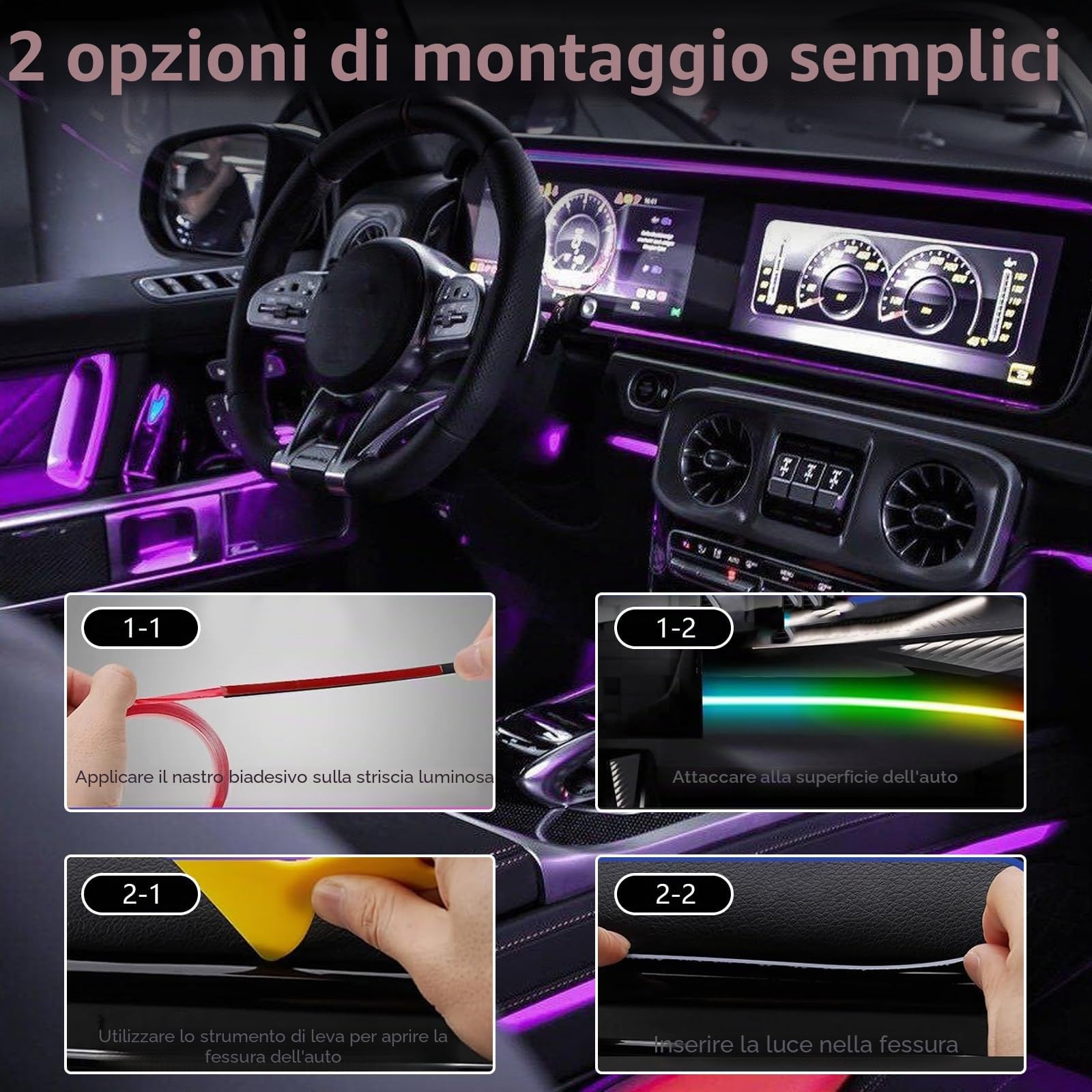 Illuminazione interna auto LED RGB 6-in-1, 6 strisce luminose 445 cm con 584 LED, 16 milioni di colori, 240 effetti, controllo musicale, Alimentato tramite USB, APP e telecomando per decorazione auto
