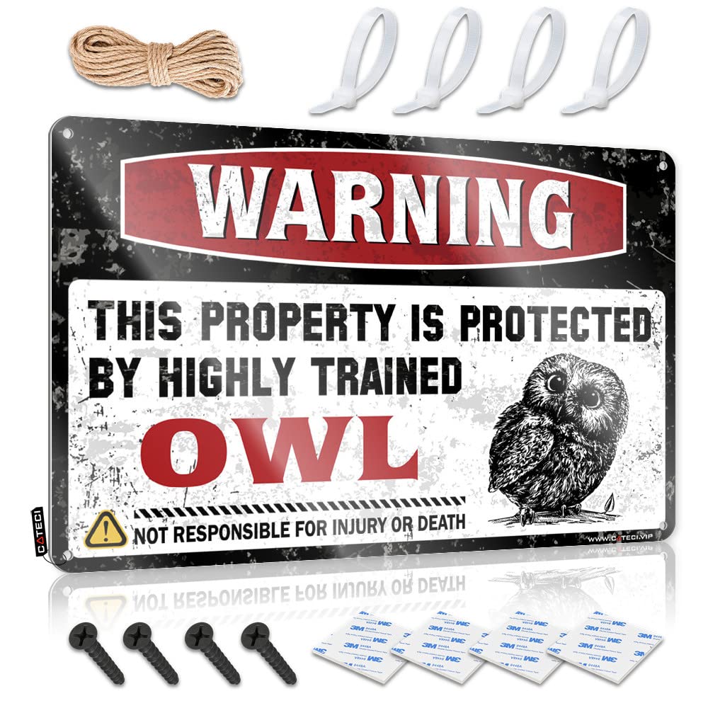 BRUNTELO Backyard Bar Decor Warning This Property Is Protected By A Highly Trained Owl Tin Sign Metal Vintage Signs Metal Man Cave Decor(30X40CM)