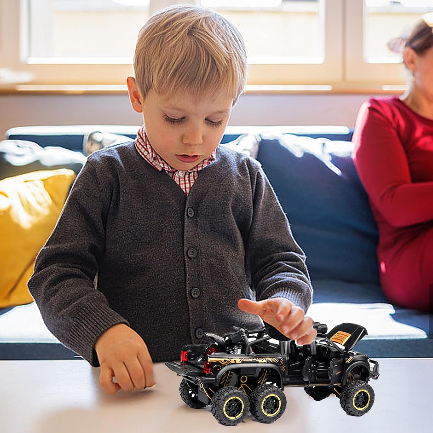 Toy Trucks for Boys Age 4-7 F150 Raptor Toy Truck for 3-5 Year Old Boys 1/24 Diecast Metal Model Pull Back Toy Car with Mini Motorcycle Pickup Truck and with Light and Sound
