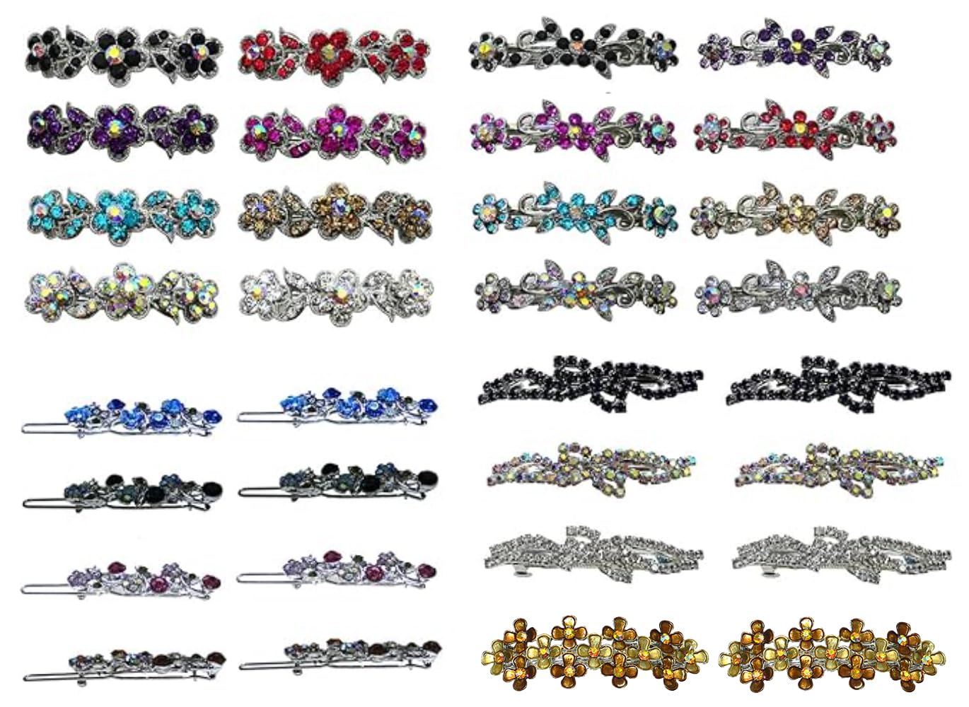 32 Piece Pack Crystal Hair Barrettes Combo 3 Styles, 8 Pc in 8 Colors 1st Style, 4 Pairs 4 Colors 2nd Style French Clip Barrettes for Women Girls Hair Styling16d6