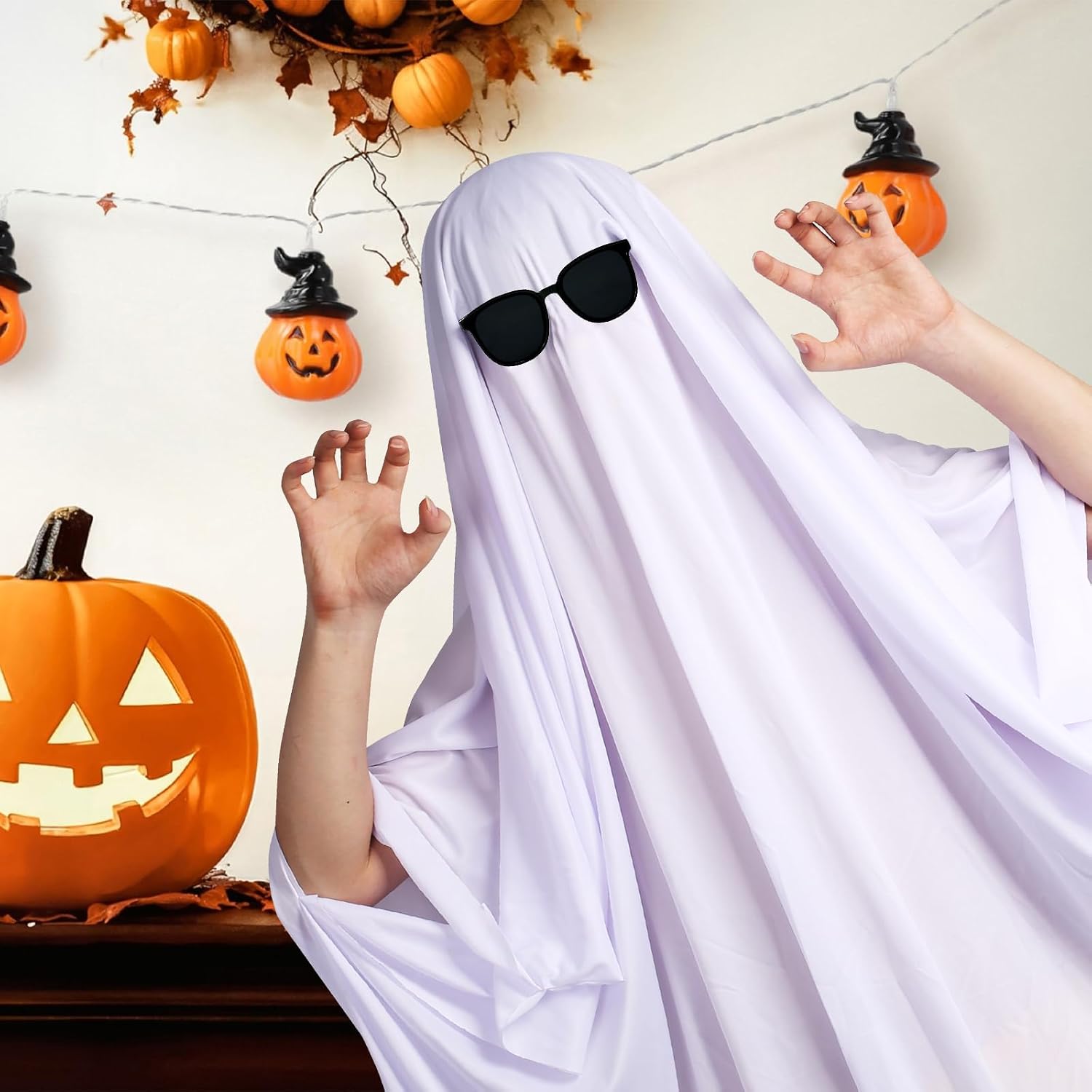 Ghost Costume for Adults Halloween Fancy Dress Cosplay Set White Ghost Costumes with Black Sunglasses for Spooky Halloween Costume Accessories