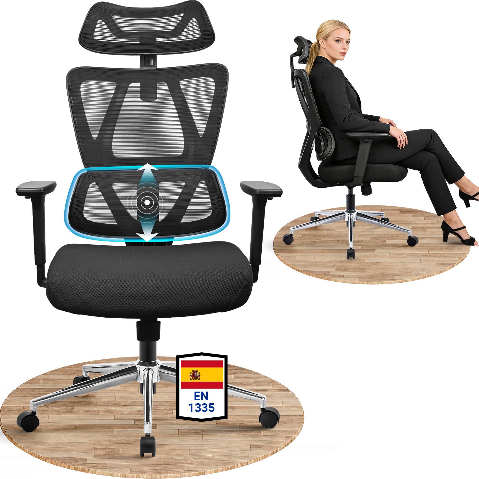 MELOKEA Silla de Oficina ergonómica 150kg con Soporte Lumbar Ajustable | Silla de escritorio para teletrabajo con asiento de muelles, reposabrazos 3D y EN1335