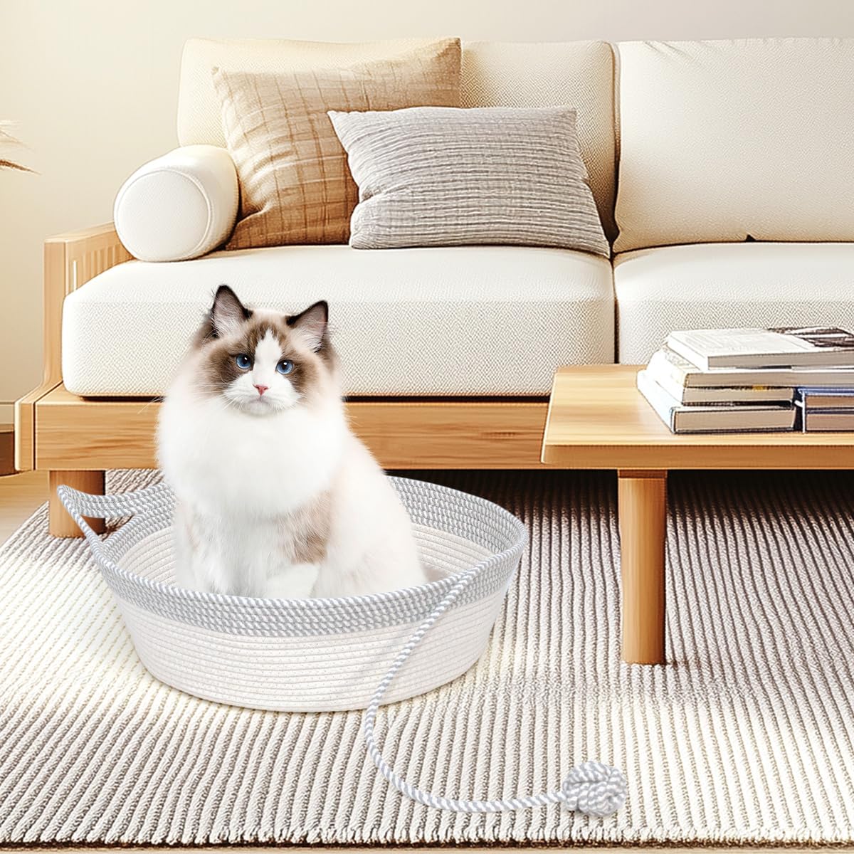 Graciadeco Katzenbett mit Spielball Waschbar Katzenkorb aus Baumwollseilen Geflochten Scratchable Rund Haustierbett Grau Groß