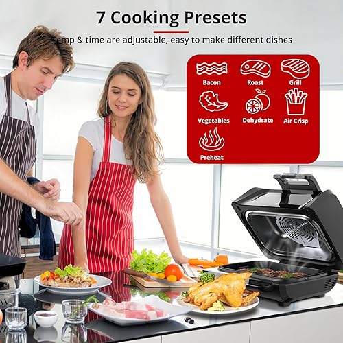 Miniatura 4 de Combo eléctrico de parrilla interior sin humo y freidora de aire, 7 en 1, parrilla, asar, hornear, crujiente, deshidrata y más, con platos