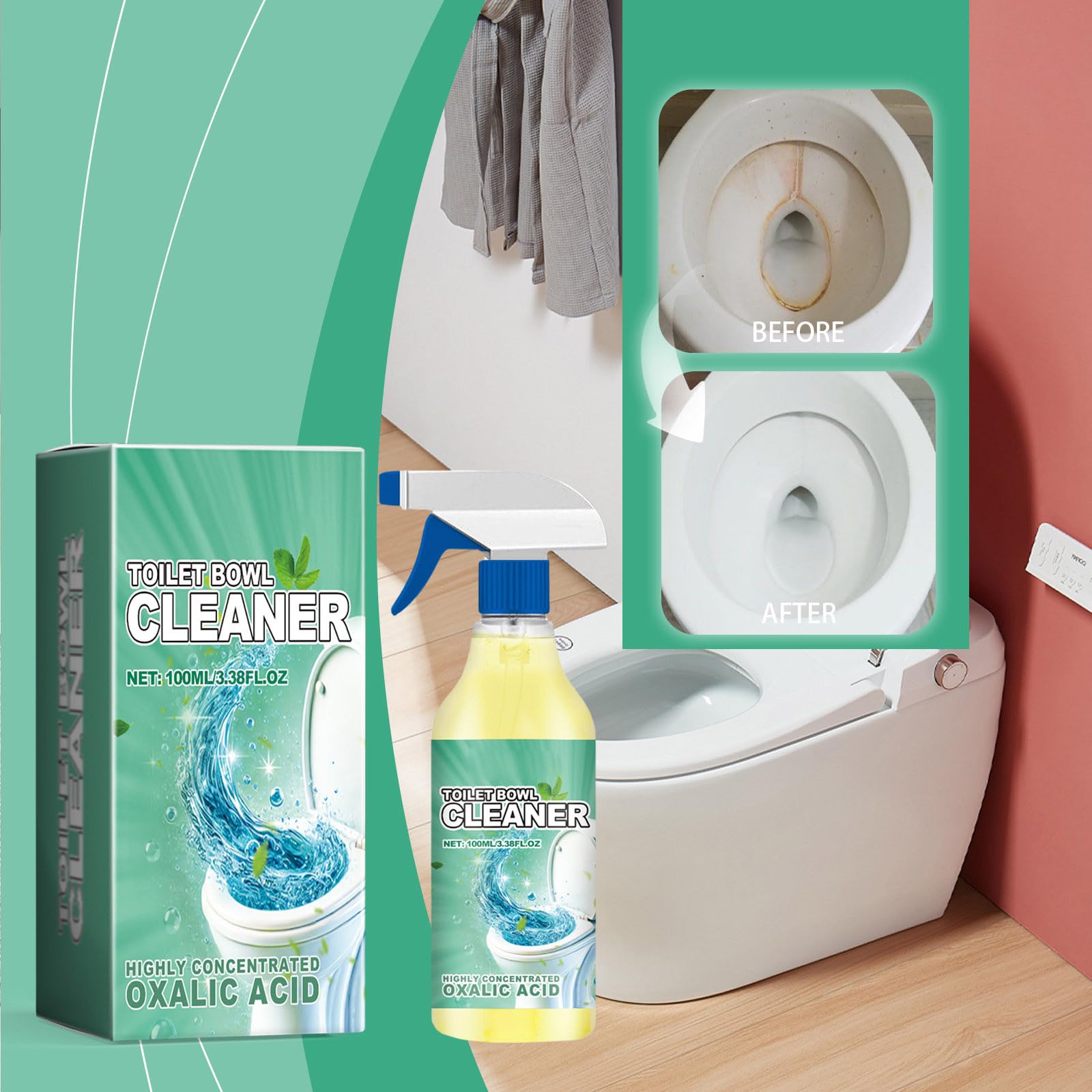 Total Lot de 2 sprays nettoyants hygiéniques et frais pour salle de bain à l'acide oxalique hautement concentré, contre le calcaire et la saleté, vaporisateur, détartrant 100 ml, spray nettoyant pour