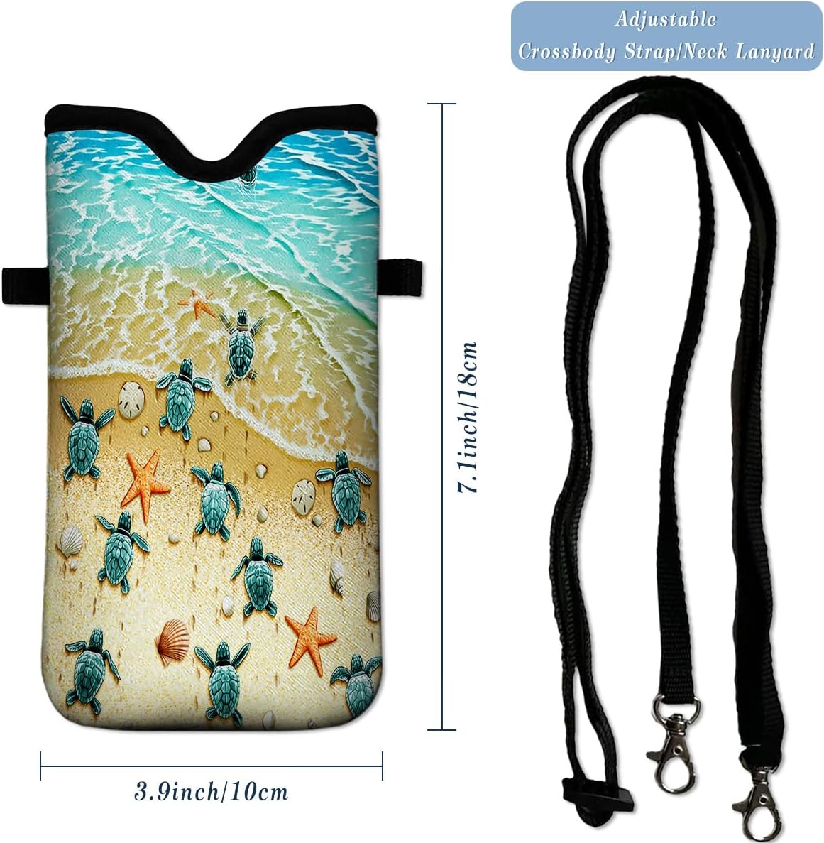 Universal Neoprene Cell Phone Pouch 7.1 X 4 in Mobile Protection Case Bag with Crossbody Strap/Neck Lanyard Sea Turtle Printed Pattern - Image 4
