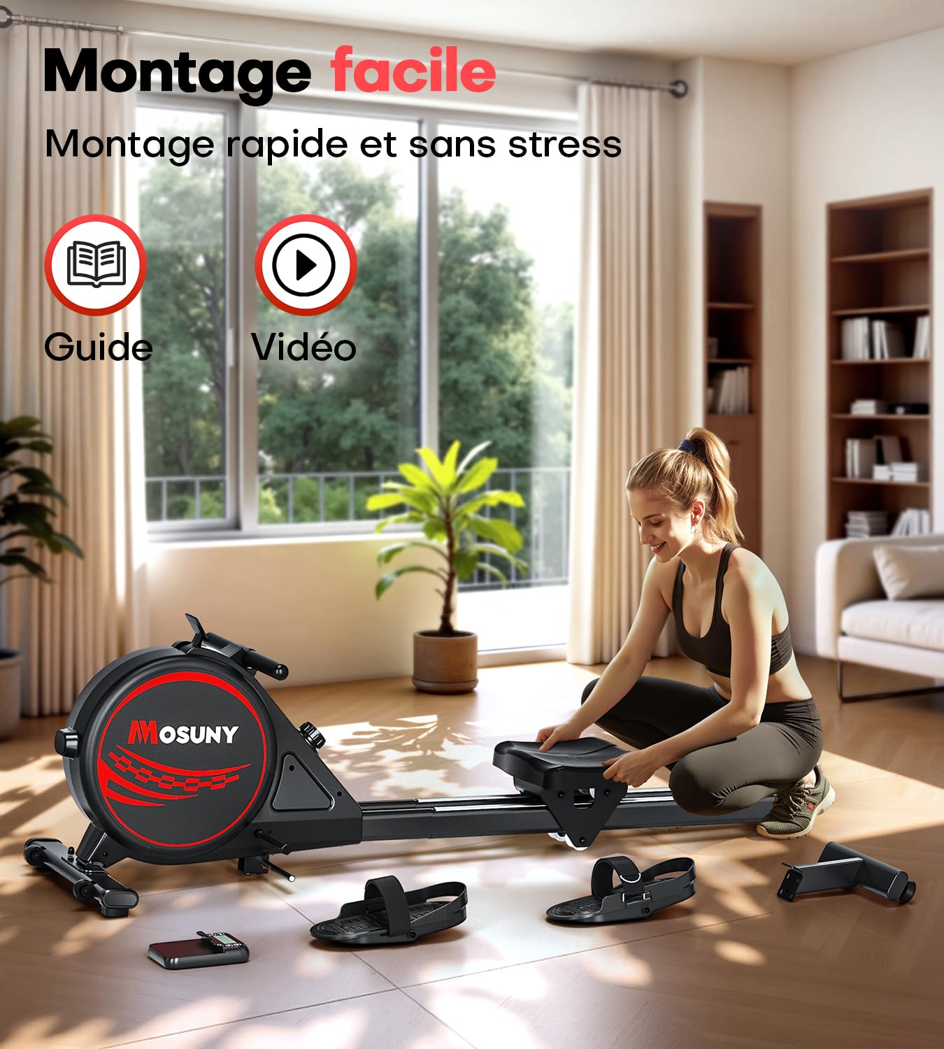 Rameur Musculation D'appartement, MOSUNY 16/32 Niveaux de Résistance Rameur Magnétique, Glissières Doubles améliorées, Ultra Silencieux, App-Compatible, Capacité de Poids jusqu'à 160/180 kg