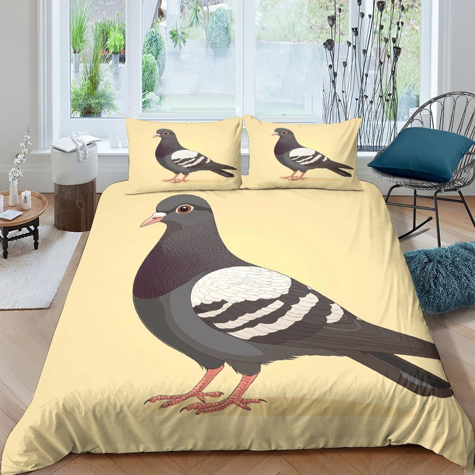 Ctjqhvkz Style-7 3D Printed Grey Pigeon Fitted Sheet Microfiber Soft Yellow Bird Illustration Bed Cover For Bedroom Dorm Mattress Decor Single（135X200cm）