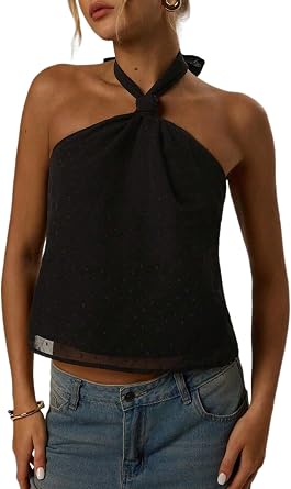 Womens Open Back Halter Tops Bow Tie Back Mesh Swiss Dots Knot Backless Sleeveless Y2K Going Out Tank