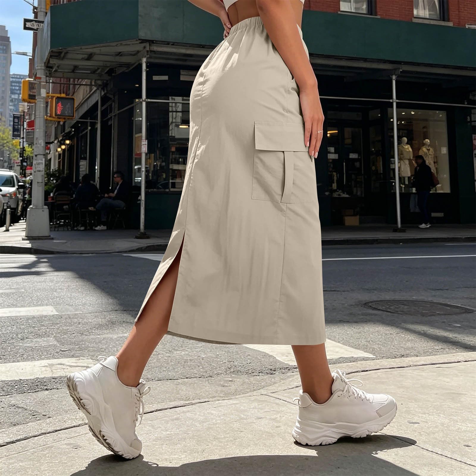 Langer Rock Damen Sommerrock Midirock Elegant Lang Cargo Rock mit Schlitz Hinten Wanderrock Sommer Cargorock Einfarbiges Lässig Sportrock mit Elastische Taille und Kordelzug Freizeitrock