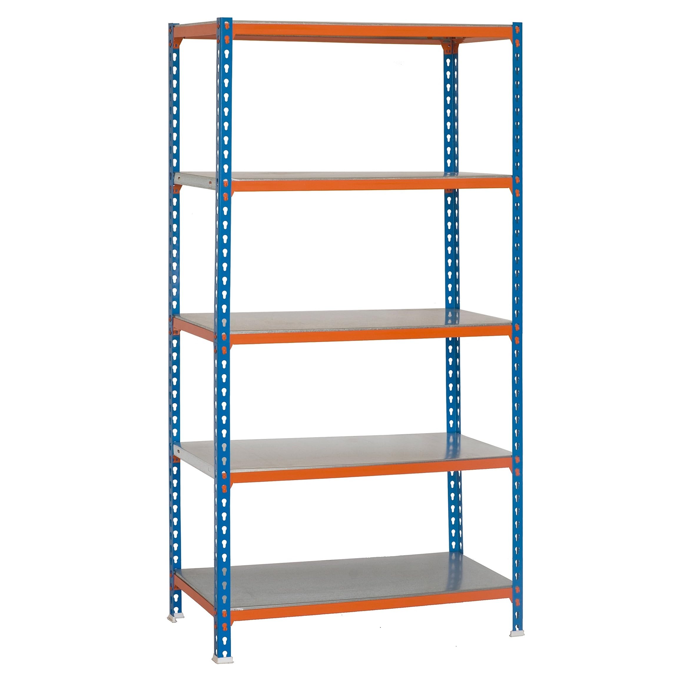 SimonRack Estantería Metálica Almacenaje, Sin tornillos, 5 Baldas, Alta Capacidad Carga 180 kg, 1800x800x300 mm, Estantería Garaje Trastero, Azul/Naranja/Galva