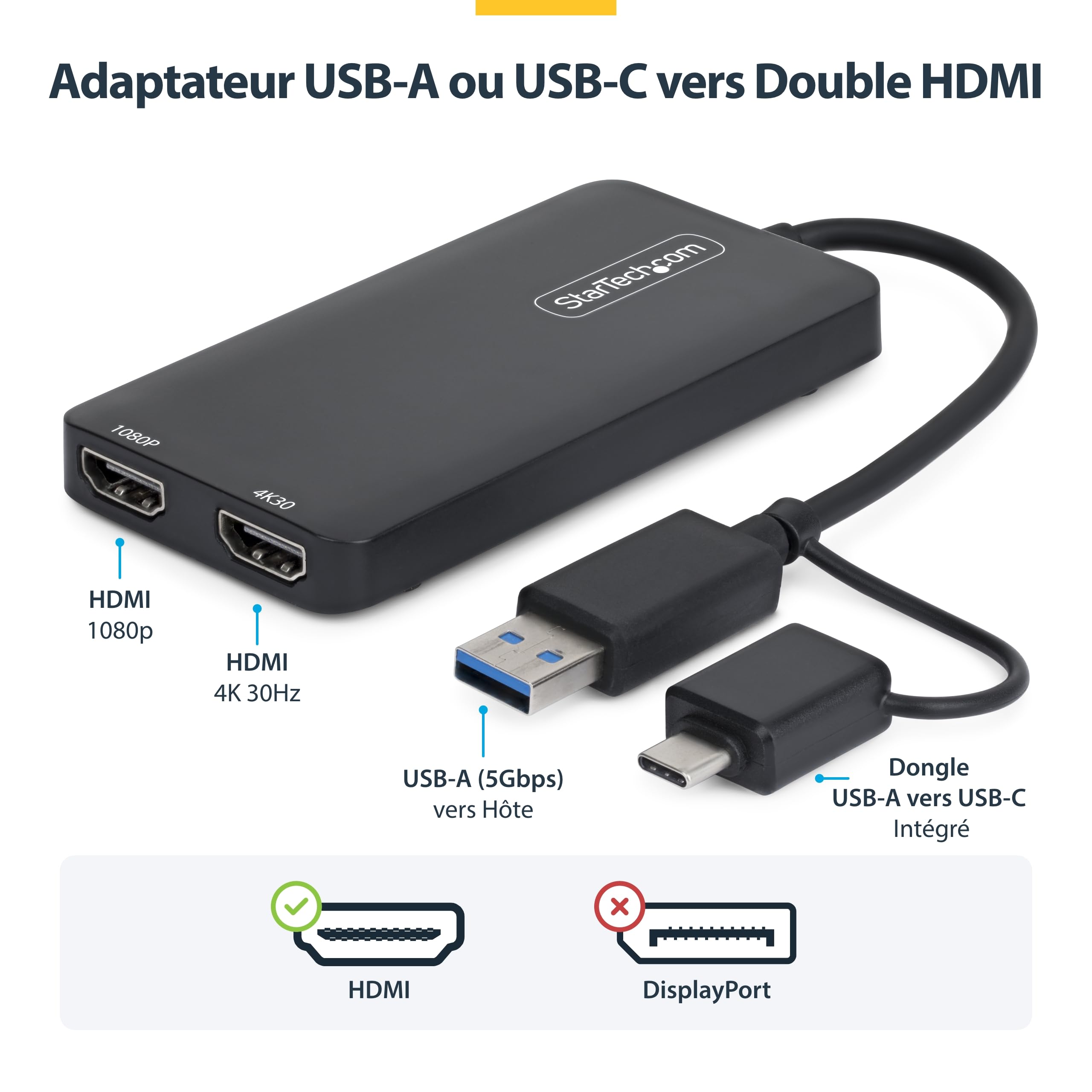 StarTech USB-A et USB-C vers Double HDMI 4K30 + 1080p, Mac Windows ChromeOS | Mac M1/M2/M3/M4/M5, Double écran étendu, Câble de 11cm, Alimentation par bus USB