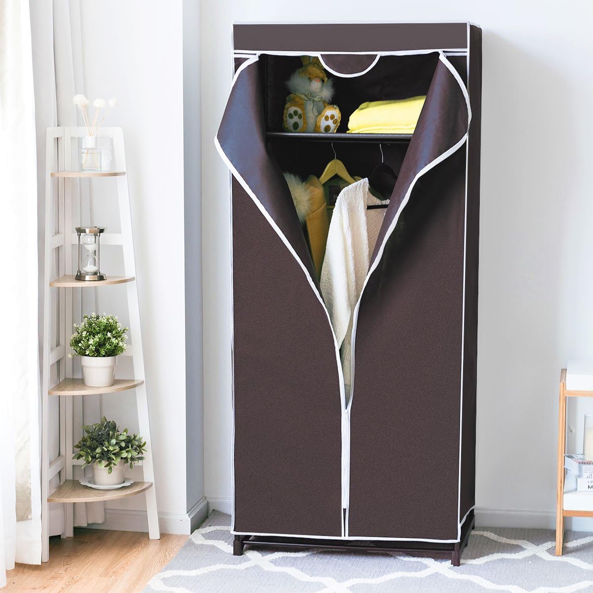 FANTASK Penderie en Tissu avec Tringle à vêtements et étagère - Armoire Pliante en Tissu - pour Salon, Chambre à Coucher, Cave - 74 x 50 x 172 cm - Marron