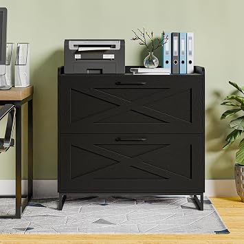 2 Drawer Lateral File Cabinet, Filing Cabinet with Charging Station for Letter/Legal/A4 Size Hanging Files, Modern Farmhouse File Storage Cabinet for Home Office, Printer Stand with Storage, Black