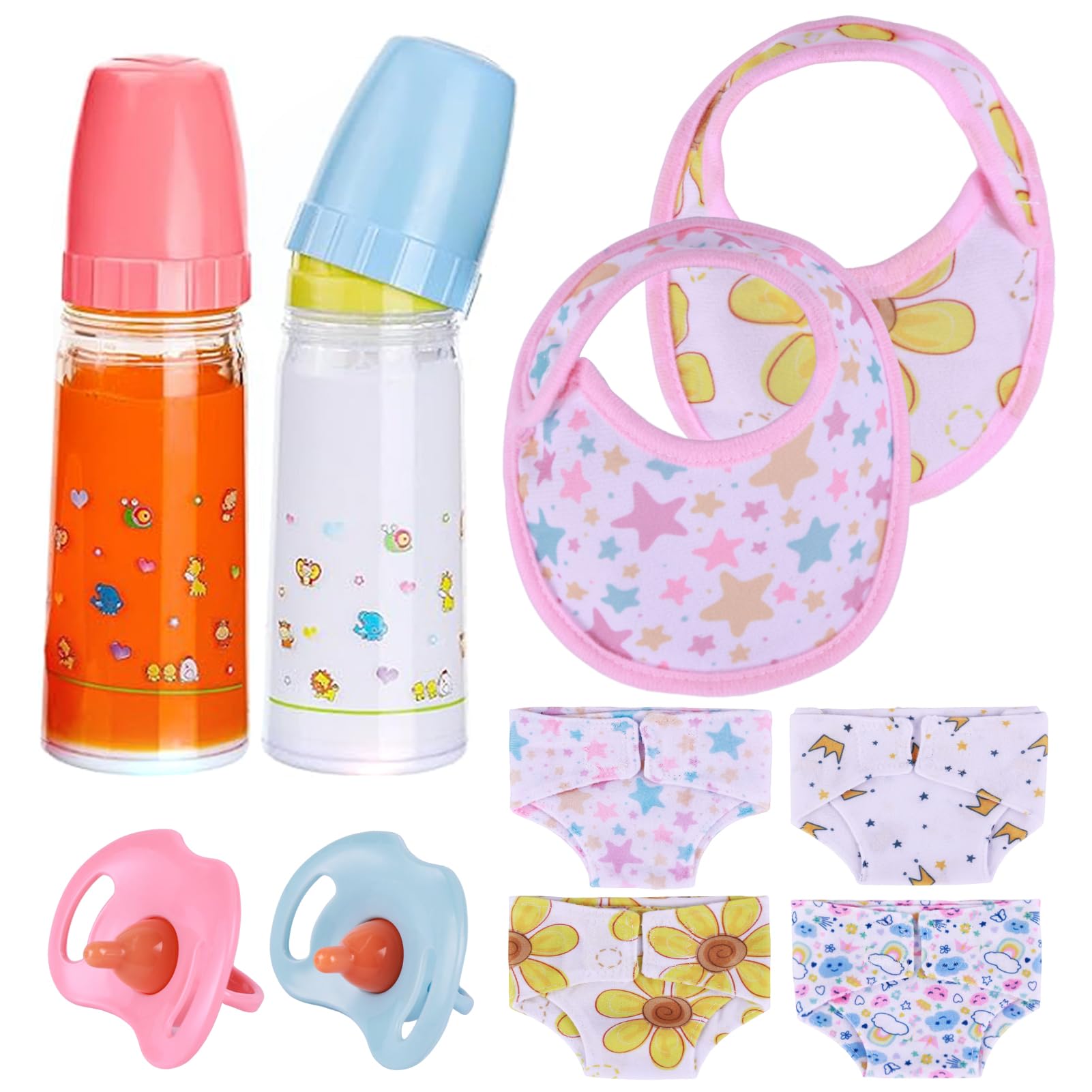 BABESIDE Baby Doll Accessories Set - 10 Pcs Feeding and Caring Set for 12-15 Inches Dolls Including Bottles with Disappearing Milk, Pacifier, Bibs, Diapers, Doll Pretend Play Gift for Kids