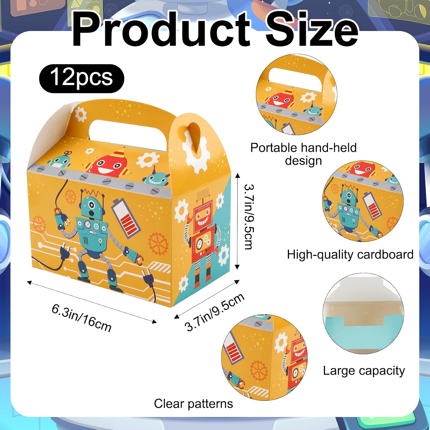 jeowicti 12 Pack Robot Themed Party Favor Boxes Gift Boxes Folding Paper Treat Box Goodie Box Gift Candy Bags Paper Robot Themed Birthday Party Decorations Supplies(3.7x6.3x3.7in)