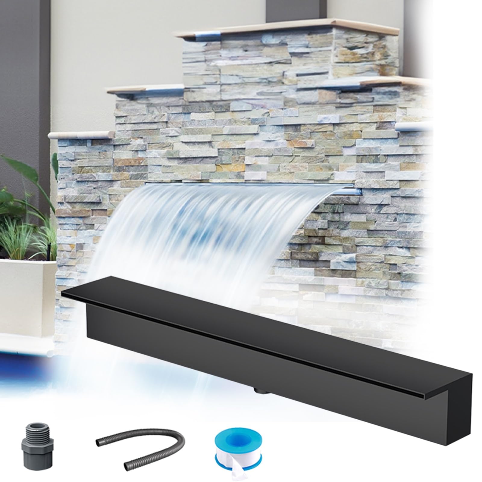 Fuente de acero inoxidable para piscina, cascada empotrada de pared de 12 pulgadas para patio, jardín y decoración de spa, función de agua personalizable con accesorios (negro)