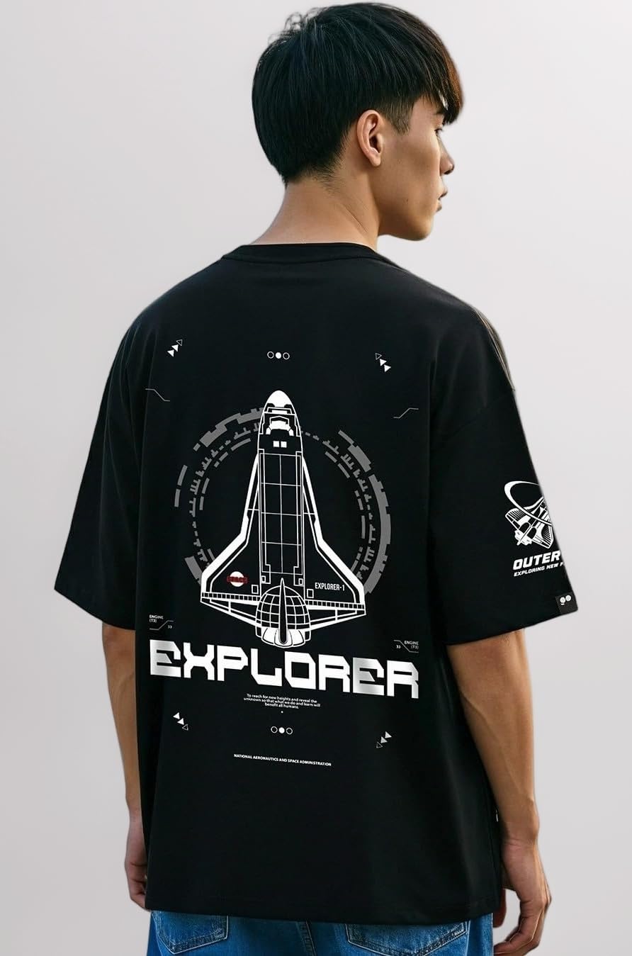 - Official NASA Merchandise Men's 100% Cotton 220 GSM Graphic Print Oversized Fit Round Neck T-Shirt